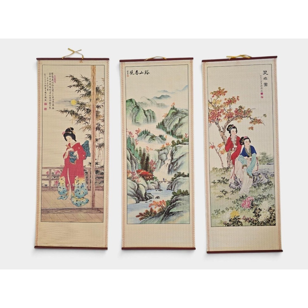 3 vtg Bamboo chinese hanging wall scroll Chinese Beauties Mountain Landscape Art